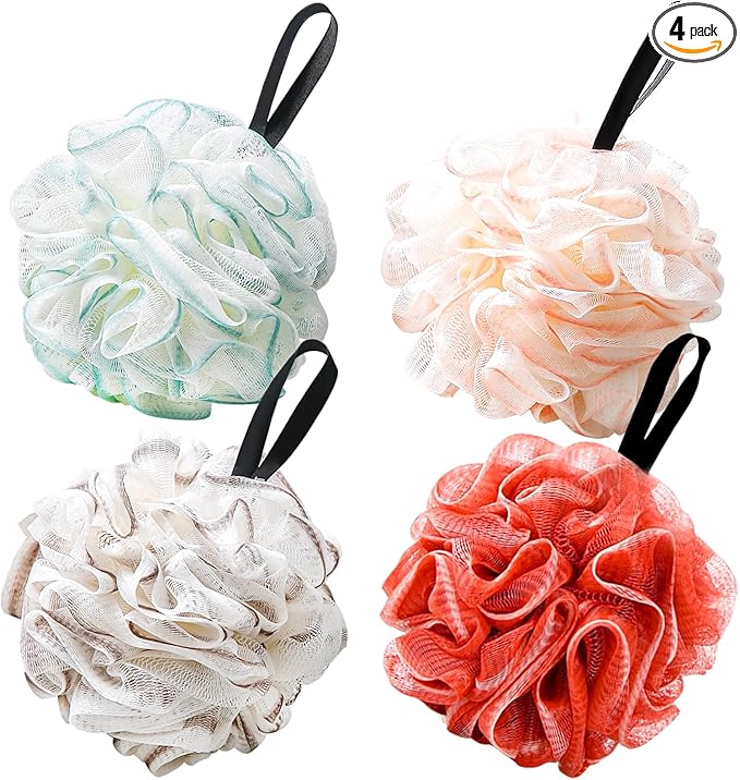 Shower Gel, Loofah Sponge Bag, Body Scrub, Exfoliating Shower Gel, Sponge, Men's and Women's Shower Accessories, Cleaning Tools (4 Pieces Red,Coffee,Pink, Green)