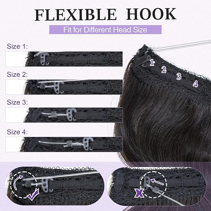 Halo Hair Extensions Real Human Hair,Halo Hair Extension 100% Human Hair,Wire Hair Extensions,Wavy 1B Natural Black 18inch/65g