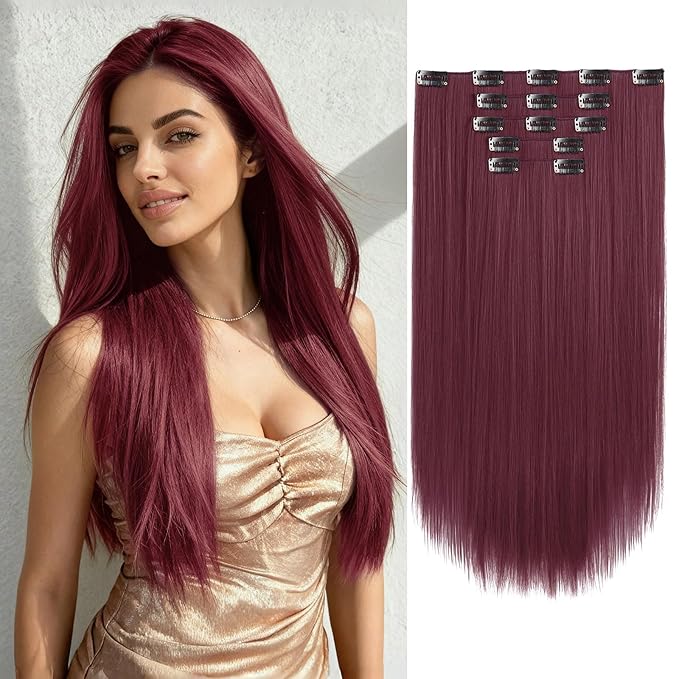 Burgundy Clip in Extensions 18 Inch Long Invisible Thick Synthetic Fake Extension Straight Clips on Hair Pieces 5PCS Soft And Not Easily Knotted Hairpieces for Women Weddings Daily Use 6.5 Oz