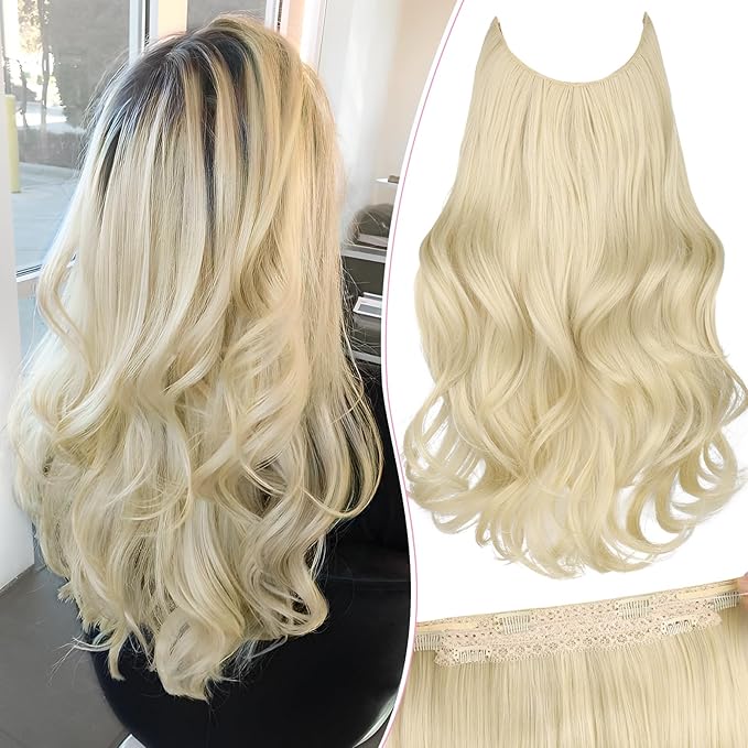 Invisible Wire Hair Extensions with Transparent Wire Adjustable Size 4 Secure Clips Long Wavy Secret Hairpiece 20 Inch for Women(Platinum Blonde)