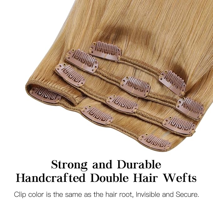 HOTBANANA Human Hair Clip in Hair Extensions, Honey Blonde Hair Extensions 120g Clip in Hair Extensions Real Human Hair Straight Remy Hair Clip Ins 18 Inch 7pcs