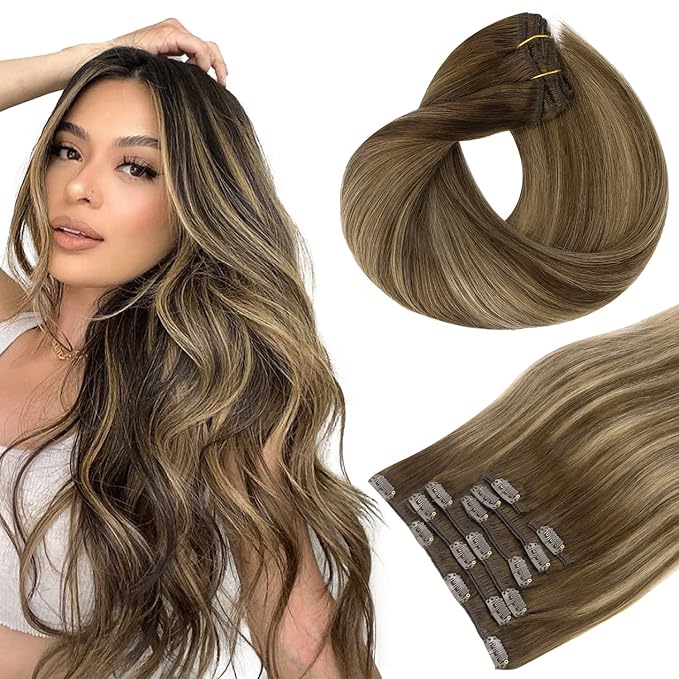 HOTBANANA Human Hair Clip in Hair Extensions, Balayage Chocolate Brown with Honey Blonde 75g Clip in Hair Extensions Real Human Hair Straight Remy Hair Clip Ins Dark Roots Ombre 12 Inch 7pcs