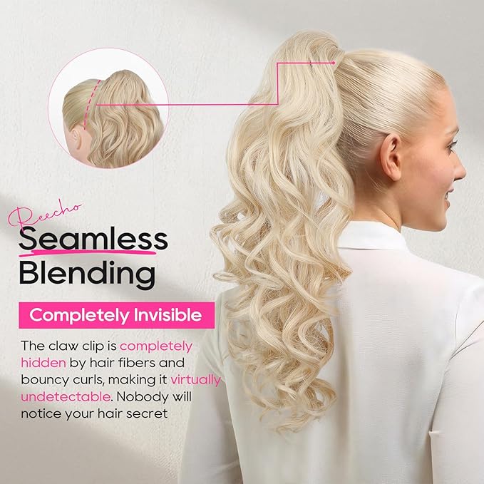 REECHO Ponytail Extension, 24" Claw Clip in Ponytail Extensions Long Curly Wavy Jaw Clip on Pony Tails Hairpiece for Women, Honey Blonde with Highlights