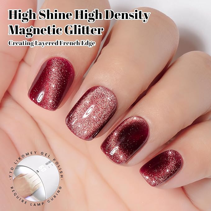 YTD Likomey Cat Eye Gel Nail Polish,Berry Red 15ml Translucent Neutral Jelly Glitter Sheer UV Magnet Blood Red Fall Winter UV Color Varnish with Magnetic Stick,MY302
