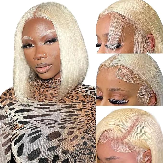 Blonde Bob Wig Human Hair 180 Density 613 Straight Bob Wig Pre Plucked With Baby Hair Brazilian Virgin 14 Inch 613 Bob Wig Human Hair 13x6 Lace Front Wig For Women Heat-Friendly For Coloring