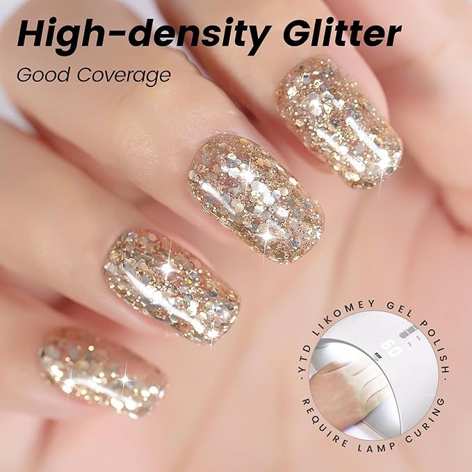 YTD Likomey Glitter Gel Nail Polish,15ml Champagne Gold Glitter Fall Winter Shiny Sparkly Salon Home DIY Manicure UV Color Varnish,SF399