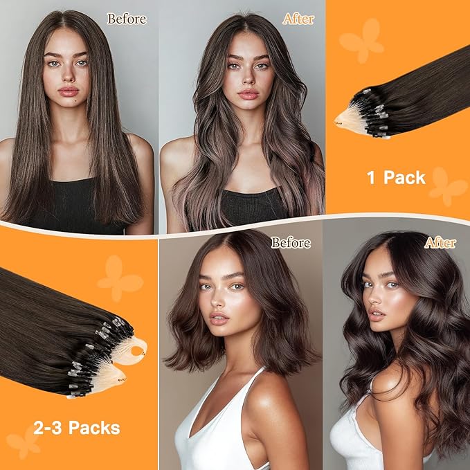 DOORES Microlink Hair Extensions Remy Hair, Light Dark Brown 20 Inch 50g/50s, Beaded Extensions Human Hair for Women Micro Ring Extensions
