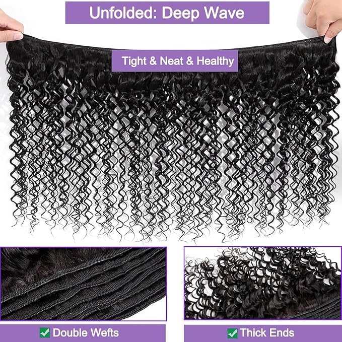 VIOLET 12A Deep Wave Human Hair Bundles 14 16 18 Inch Bundles Human Hair 100% Unprocessed Brazilian Virgin Hair Deep Wave 3 Bundles Human Hair Extensions for Women Natural Color