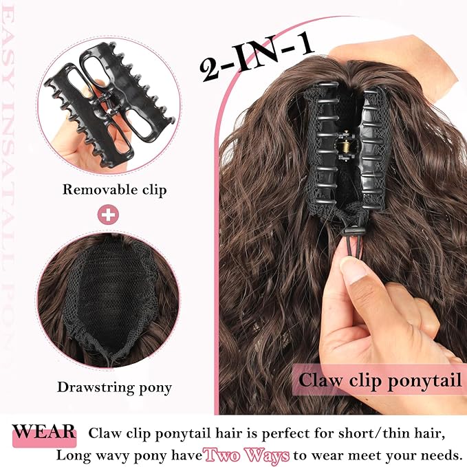 ENBEAUTIFUL 30" Claw Clip Ponytail Extension Long Wavy Ponytail Extension Synthetic Fluffy Natural Looking Pony Tails Hair Extensions Clip in Hair pieces for Women Dark Brown