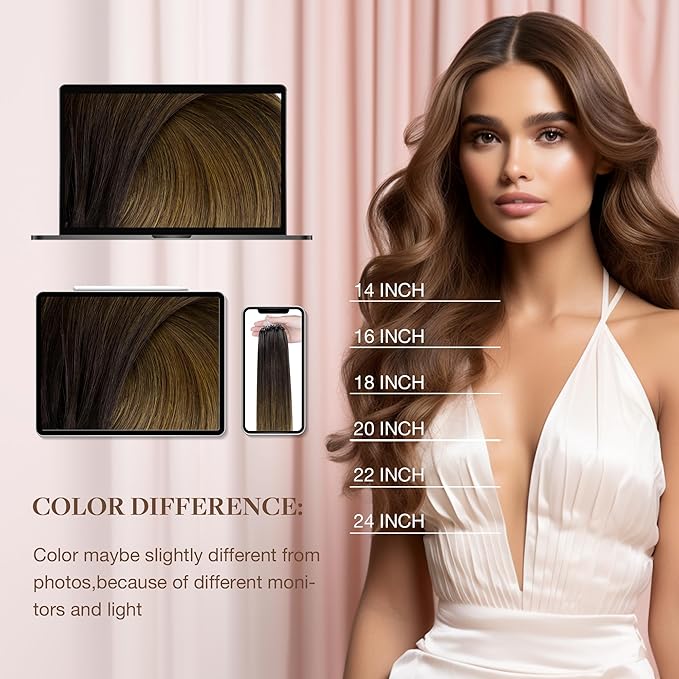 GOO GOO Micro Link Tip Hair Extensions Real Human Hair, 18inch 50g 50S, Cold Fusion Micro Link Tip Hair Extensions, Invisible Remy Hair Extensions, 1D/2C/4E Chocolate Dip Color Melt