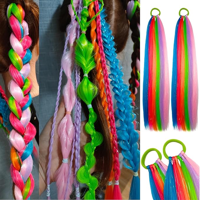 Colorful Hair Extensions for Braids Ponytail Extension 2 Packs, 20 inch Crazy Hair Day Accessories for Women, DIY Festival Wacky Rave Braids,Tinsel Mixed