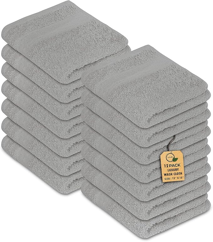 Premium Wash Cloths Pack of 12 (13" x 13") 100% Ring Spun Cotton | Luxury Washcloths | Ultra Soft Face Towels | Highly Absorbent Wash Cloths for face (Silver Grey)