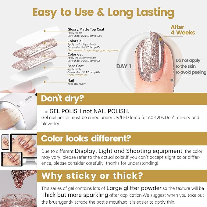YTD Likomey Gel Nail Polish,15ml Rose Gold Glitter Nails Gel,Fall Winter Shiny Sparkly Salon Home Pink Shimmer Flakes Manicure UV Color Varnish,SF439