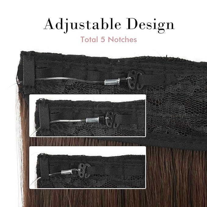 REECHO Invisible Wire Hair Extensions with Transparent Headband Adjustable Size Removable Secure Clips in Straight Secret Hairpiece for Women (20 Inch (Pack of 1), Medium Brown with Highlights)
