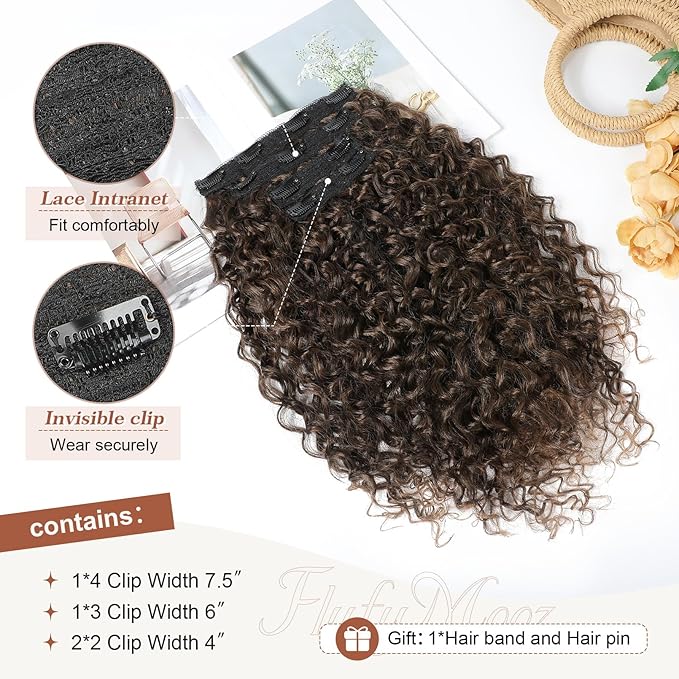 Clip in Hair Extensions, FLUFYMOOZ 4PC 100％ Pure Protein Silk Hair Extensions Long Soft Natural Hairpiece 16 Inch Curly Hair Extension for Women (Dark Almond brown with copper)