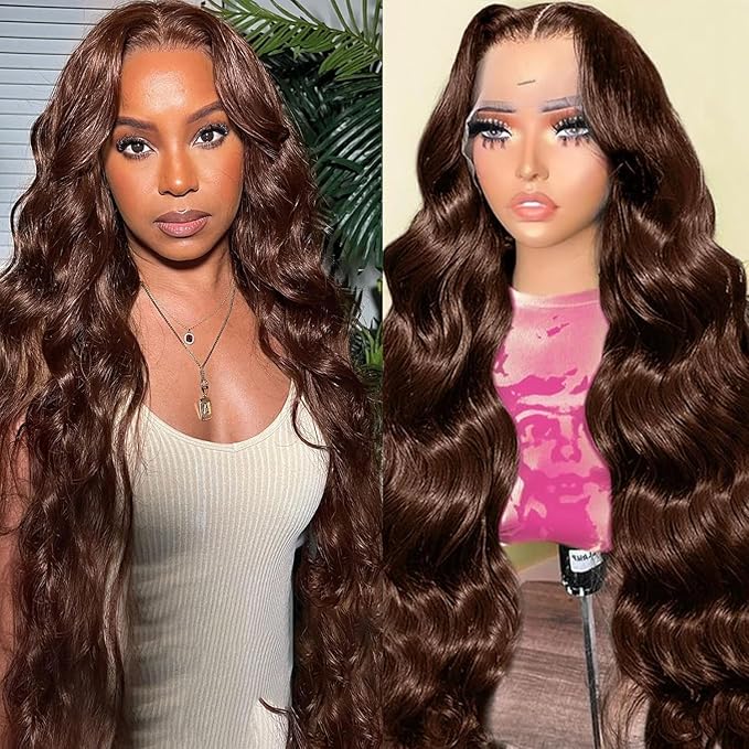 Alimubi Chocolate Brown Lace Front Wig Human Hair for Women 13x4 HD Body Wave Lace Frontal Wigs Pre Plucked with Baby Hair Glueless Wigs 180% Density 30Inch