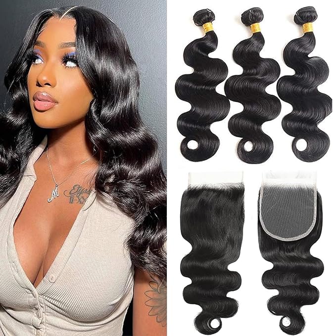 12A Body Wave Human Hair Bundles with Closure (14 16 18+12,Free Part) Closure with 3 Bundles Brazilian Virgin Hair Extensions with Pre Plucked with Baby Hair 5X5 HD Lace Closure Natural Black Color