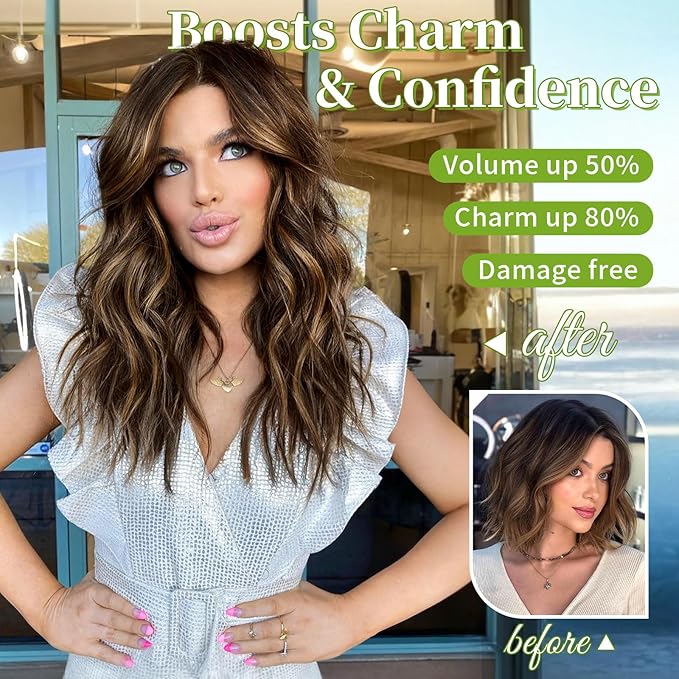 KooKaStyle Invisible Wire Hair Extensions with Transparent Headband Adjustable Size 4 Secure Clips Long Wavy Secret Wire Hairpiece for Women(16 Inch Chestnut Brown with Blonde Highlights)