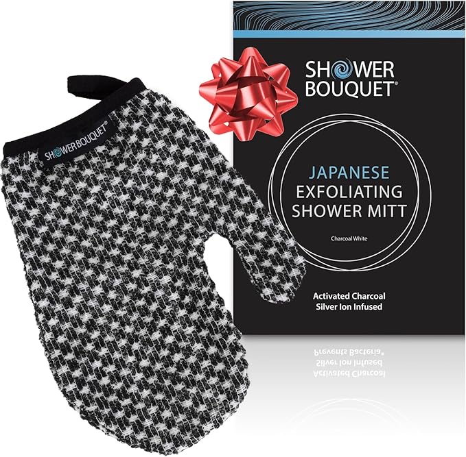Japanese Exfoliating Mitt for Shower [1-Pack, White] - Charcoal & Silver Ion Exfoliating Glove - Gentle Exfoliation & Deep Cleansing Shower Mitt - Exfoliating Body Scrubber Glove, Soft Fabric Inside