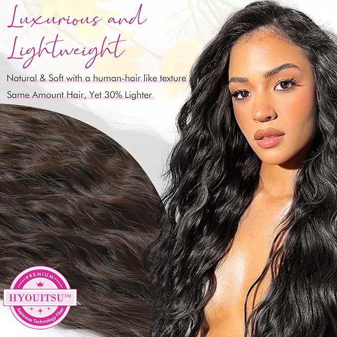 Hair Extensions, REECHO 9PCS Clip in Hair Extensions 24" Thick Long Mini Mermaid Wave Luxurious Lightweight Japanese Technology HYOUITSU Fiber Invisible Soft Lace Weft - HE009 Dark Chocolate Brown