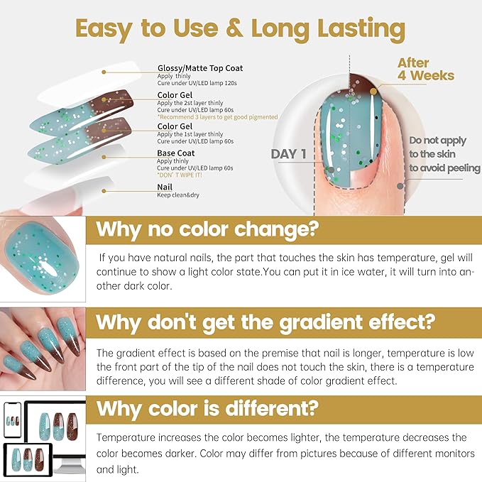 YTD Likomey Color Changing Gel Nail Polish,15ml Turquoise To Brown Shimmer Glitter Mood Temperature Change Colors UV Nail Gel,Fall Winter Thermal Ombre Manicure Varnish,WB430