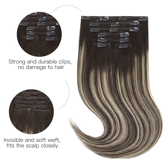 HOTBANANA Human Hair Clip in Hair Extensions, Balayage Natural Black to Light Blonde 75g Clip in Hair Extensions Real Human Hair Straight Remy Hair Clip Ins Dark Roots Ombre 12 Inch 7pcs