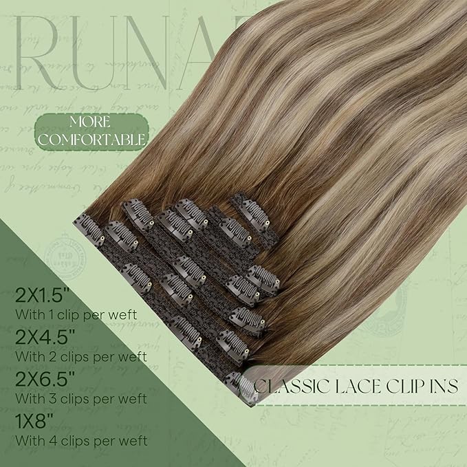 RUNATURE Clip in Hair Extensions Real Human Hair, Balayage Hair Extensions Clip Ins, Remy Human Hair Clip in Extensions, Tangle Free Hair, 16 Inch 120g 7pcs #3/8/22 Walnut Brown to Light Blonde