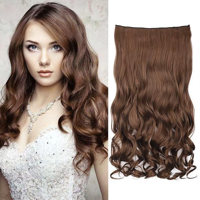REECHO 14" 1-Pack 3/4 Full Head Curly Wavy Clips in on Synthetic Hair Extensions HE008 Hairpieces for Women 5 Clips 3.6 Oz per Piece - Medium Warm Brown