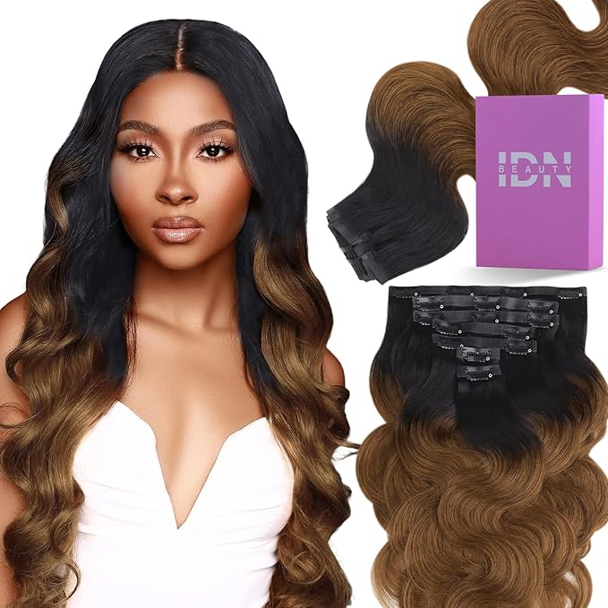 IDN BEAUTY Seamless Clip In Hair Extensions Human Hair 1B/30 Ombre Natural Black to Medium Auburn Body Wave Seamless Clip Ins For Black Women PU Weft Invisible Edge Thick Ends 110g 16 Inch 7pcs