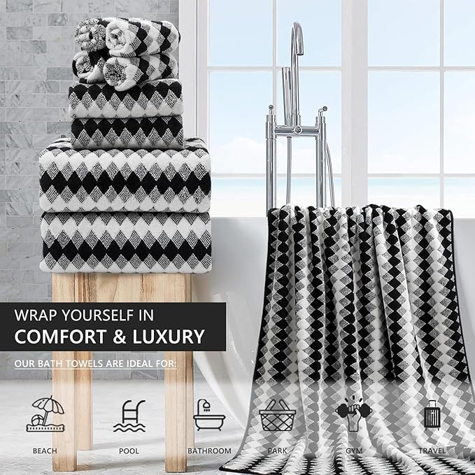 8 Piece Bathroom Towel Set Black White|2 Oversized Large Bath Towels Sheet,2 Hand Towels,4 Washcloths| 600GSM Soft Towel Set for Bathroom Hotel,Highly Absorbent Quick Dry Bath Towel Collections