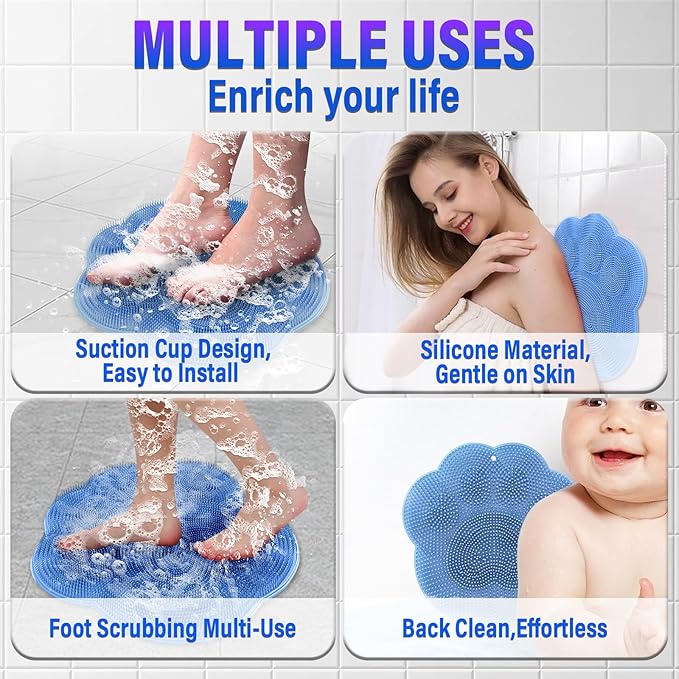 Shower Foot Scrubber Mat with Non-Slip Suction Cups,Foot Backs Cleaning Pad Back Washer Exfoliating Bath Wash Pad,Foot Scrubber in Shower Men & Women (Grey)