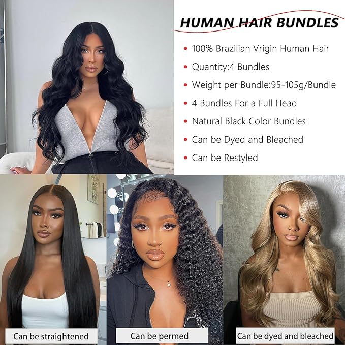12A Human Hair Bundles Body Wave 4 Bundles Human Hair 20 22 24 26 Inch 100％ Unprocessed Brazilian Virgin Hair Quick Weave Wavy Human Hair Extensions for Women Natural Black