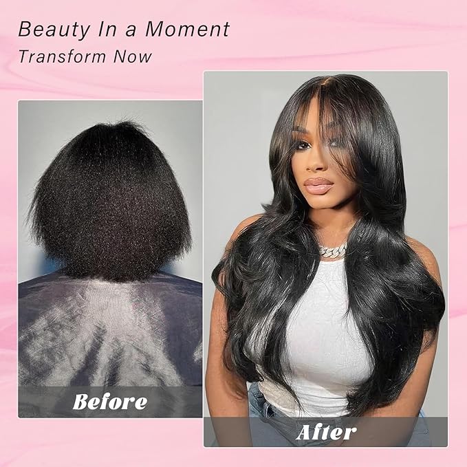 Fluffy Natural Bouncy Loose Wave Curtain Bangs Wig Glueless Wigs Human Hair Pre Plucked Pre Cut 13x6 PartingMax HD Lace Pre Everything Lace Front Wigs Human Hair for Women (Black Color, 28”)