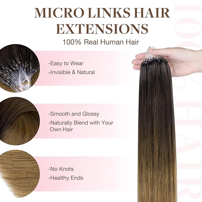 GOO GOO Micro Link Tip Hair Extensions, Real Human Hair, 16inch 50g 50S, Cold Fusion, Invisible Remy, 1D/2C/4E Chocolate Dip Color Melt