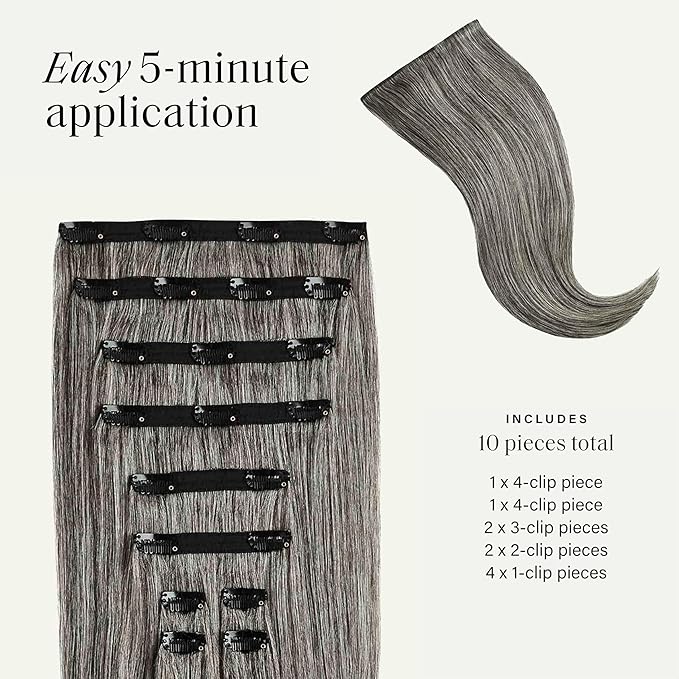 Luxy 100% Remy Human Hair, Classic 160g Clip-In Hair Extensions - 10 Wefts Multi-Dimensional Color for Natural Blending, Adds Volume & Length, Easy Apply & Remove 16" Light Gray Classic