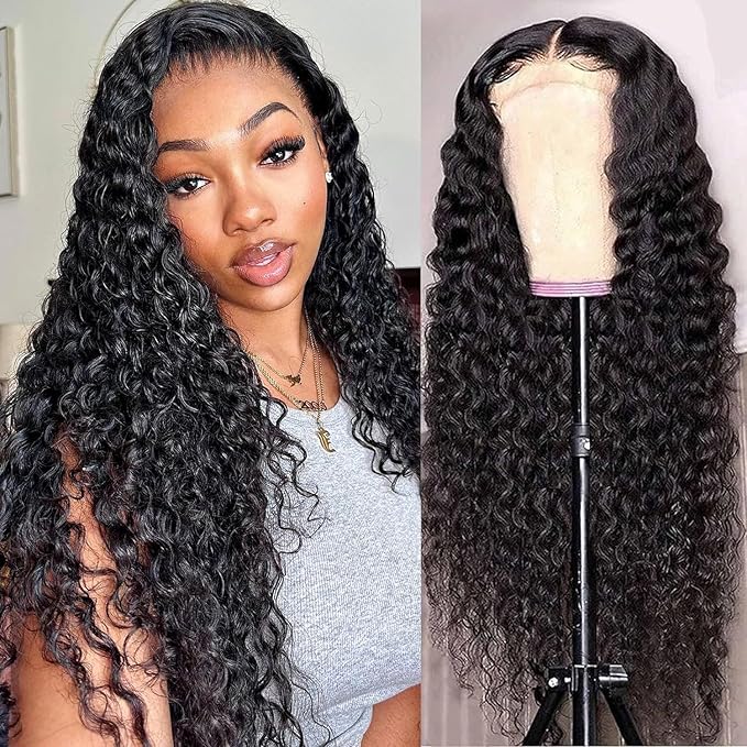 Deep Wave Lace Front Wigs Human Hair 200 Density 13x6 HD Lace Frontal Wigs Human Hair Pre Plucked Deep Curly Glueless Wigs Human Hair for Women Natural Black 24Inch