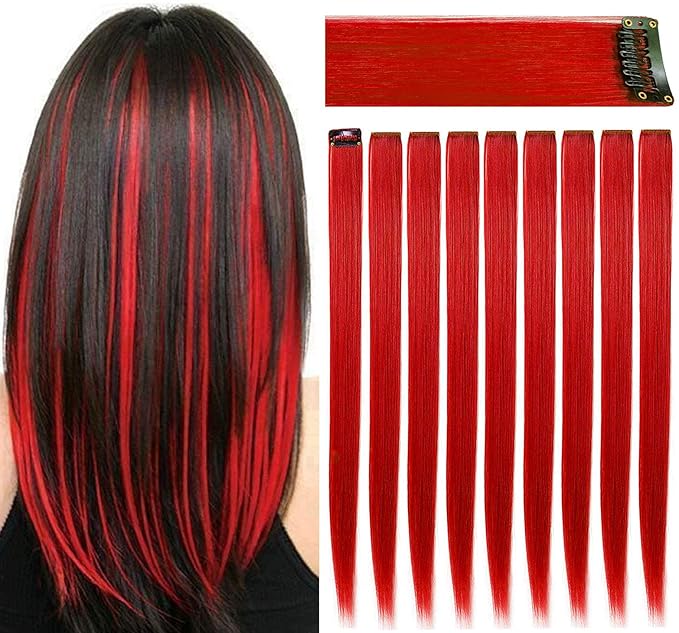 Rhyme 9PCS 21" Colored Clip in Hair Extensions Red Wig Hairpieces for Kids Girls Hair Clips Birthday and Holiday Party Highlights Dress Up hair Accessories (Red)