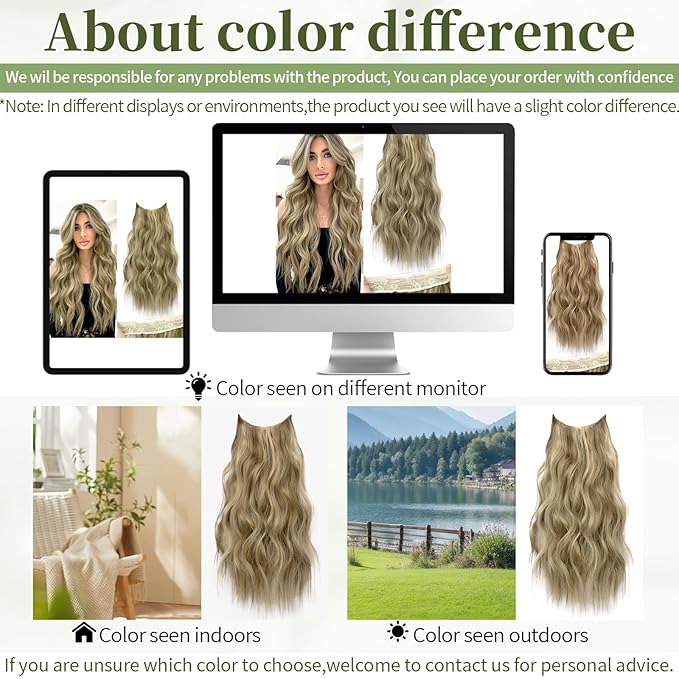 KooKaStyle Invisible Wire Hair Extensions with Transparent Headband Adjustable Size 4 Secure Clips Long Wavy Secret Wire Hairpiece for Women(24Inch Light Brown mix Golden Blonde)