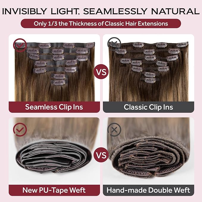 Clip in Hair Extensions Real Human Hair Chocolate Brown Seamless Clip In 100% Straight Remy Hair Extensions PU Skin Weft Add Volume for Women #4A 18Inch 120G 8PCS