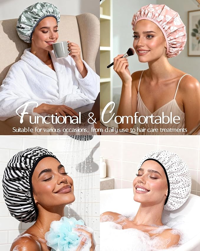 Yanibest Shower Cap for Women - Hair Satin Bonnet Shower Cap for Women Waterproof Extra Large Double Layer Reusable Adjustable for Braids Long Hair