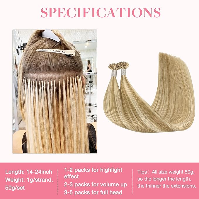 GOO GOO U Tip Hair Extensions, Real Human Hair, 22inch 50g 50S, Hot Fusion, Invisible Remy, 16/22 Light Blonde Highlighted Golden Blonde