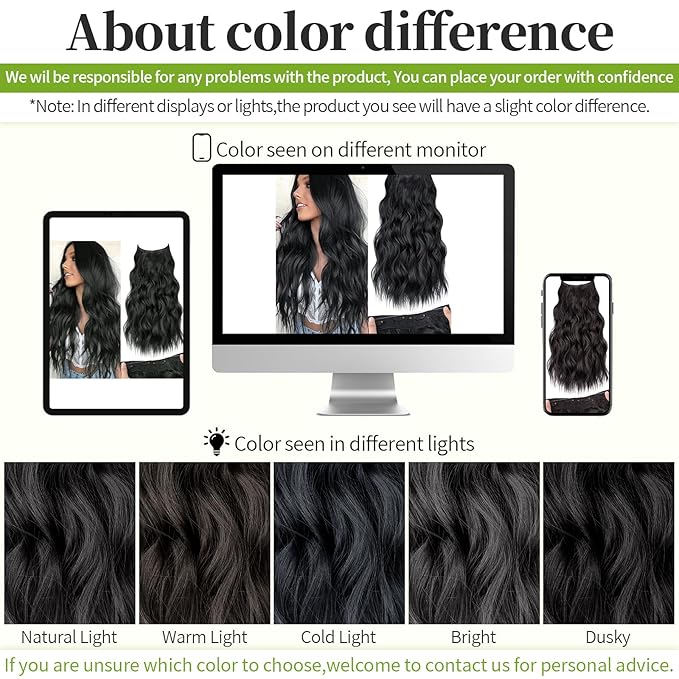 KooKaStyle Invisible Wire Hair Extensions with Transparent Wire Adjustable Size 4 Secure Clips Long Wavy Secret Hairpiece (24 Inch, Black)