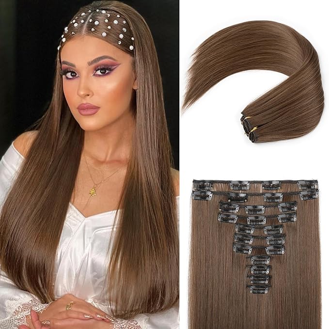 REECHO Hair Extensions, 11PCS Clip in Hair Extensions 24" Long Straight hair extensions HE005 Natural Soft Synthetic Hairpieces for Women – Ginger Brown