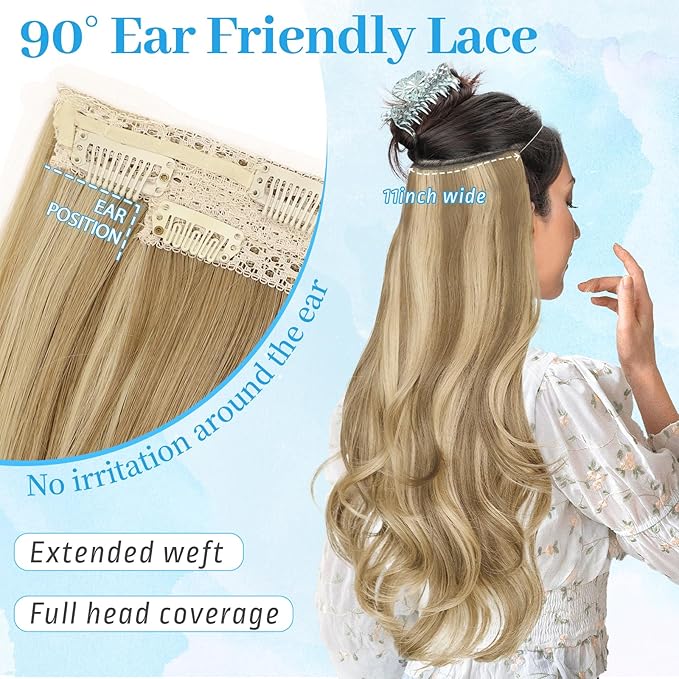 KooKaStyle Invisible Wire Hair Extensions Long Wavy Layered Synthetic with Transparent Headband Adjustable Size 6 Secure Clips Hairpieces for Women (20 Inch, Light Brown Mix Golden Blonde)
