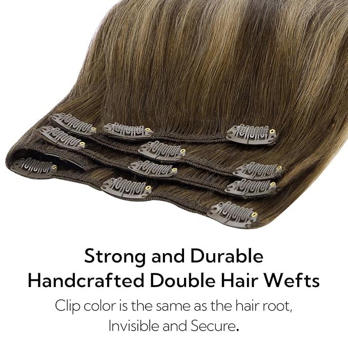 HOTBANANA Clip in Hair Extensions Real Human Hair, 150g 9pcs 22 inch Chocolate Brown with Honey Blonde Straight Remy Clip in Extensions Full Head for Women