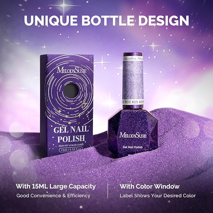 MelodySusie Galaliver Purple Glitter Gel Nail Polish, 15ML Shimmer Purple Sparkle Gel Polish Soak Off UV LED Cured Long Lasting Gift for Women DIY Nail Design Nail Art Manicure X05