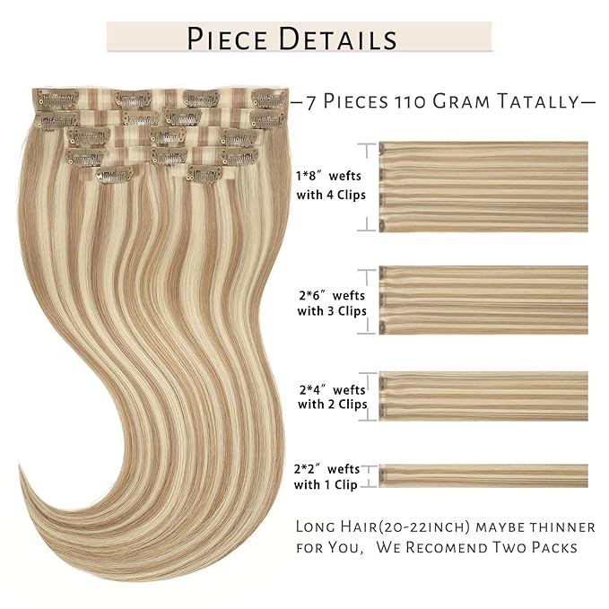 Caliee Clip in Hair Extensions Real Human Hair 18 Inch Invisible Ultra-Thin PU Skin Weft P8-60A Light Brown with Platinum Blonde Comfortable Straight Human Hair Clip in Extensions