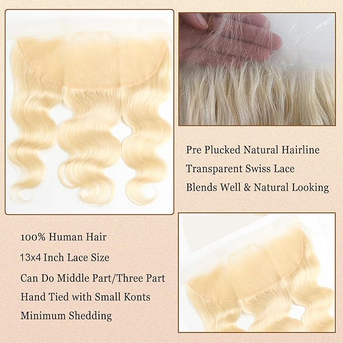 613 Bundles with Frontal Human Hair 14 16 18 + 12 inch Blonde Body Wave Bundles with Frontal 100% Unprocessed Virgin Human Hair Weave Extensions with 13x4 Transparent Lace Frontal