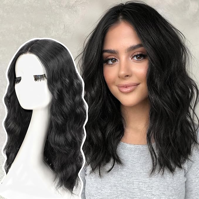 AISI HAIR Black Wig for Women Medium Length Wave Curly Glueless Synthetic Heat Resistant Hair Wigs for Daily Party Cosplay