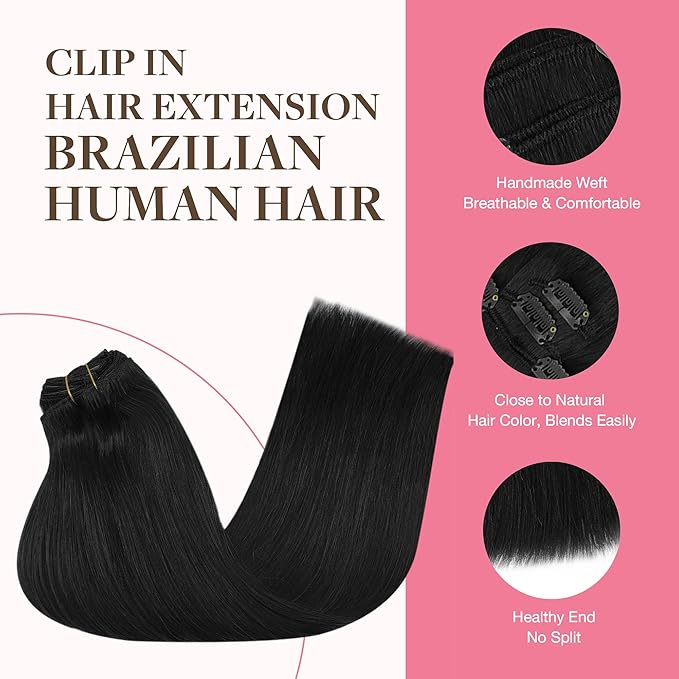 GOO GOO Clip in Hair Extensions Real Human Hair, Remy Human Hair Extensions Clip ins for Women, Natural Human Hair, 18inch 150g 9Pcs, 1 Jet black